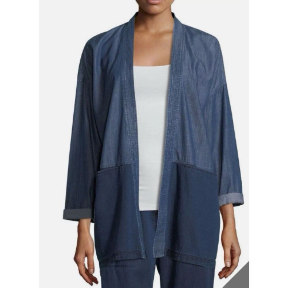 Eileen Fisher XXS Denim Chambray Colorblock Kimono Jacket Open Front Lightweight